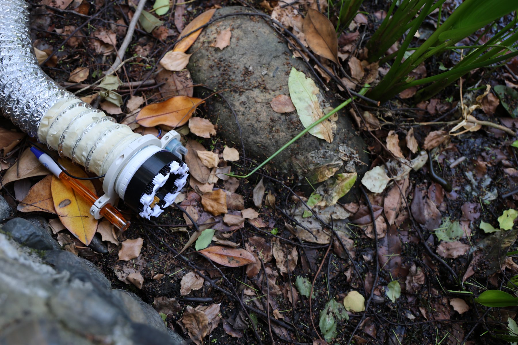 The environmental sensing robot among wet leaves beside a drain.